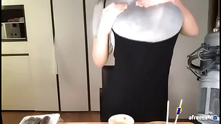 Korean babe hug her boobs through clothes